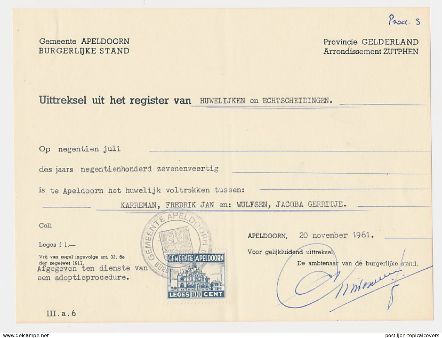 Gemeente Leges 100 CENT Apeldoorn 1961 - Fiscaux