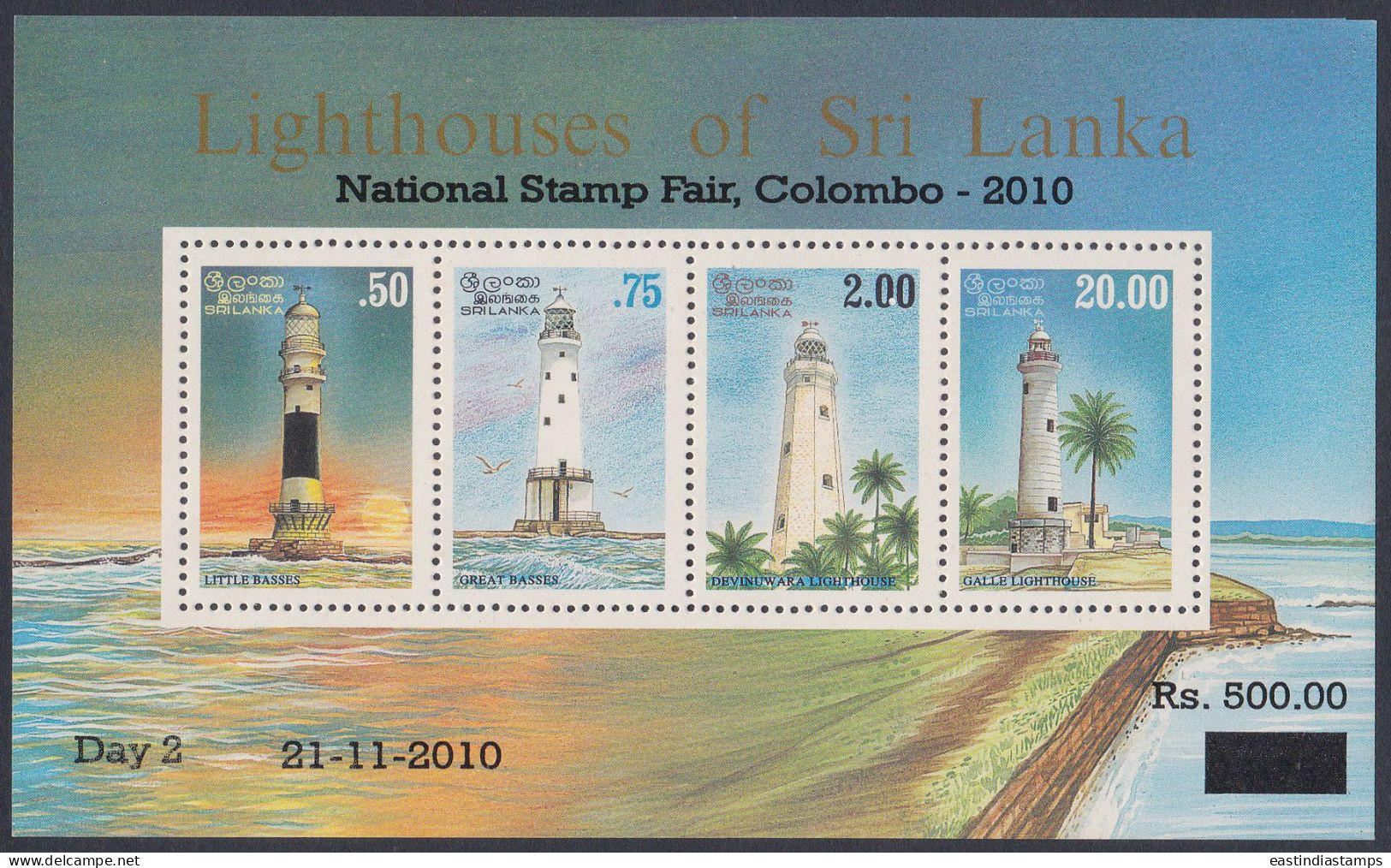 Sri Lanka Ceylon 2010 MNH MS Overprint, Lighthouses, Lighthouse, Coconut Tree, Sea, Coast, Miniature Sheet - Sri Lanka (Ceylon) (1948-...)