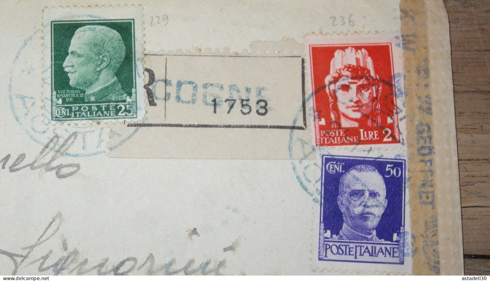 Enveloppe ITALIA, Censura, Recommande, Cogne Aosta 1943  ......... Boite1 ..... 240424-236 - Poststempel