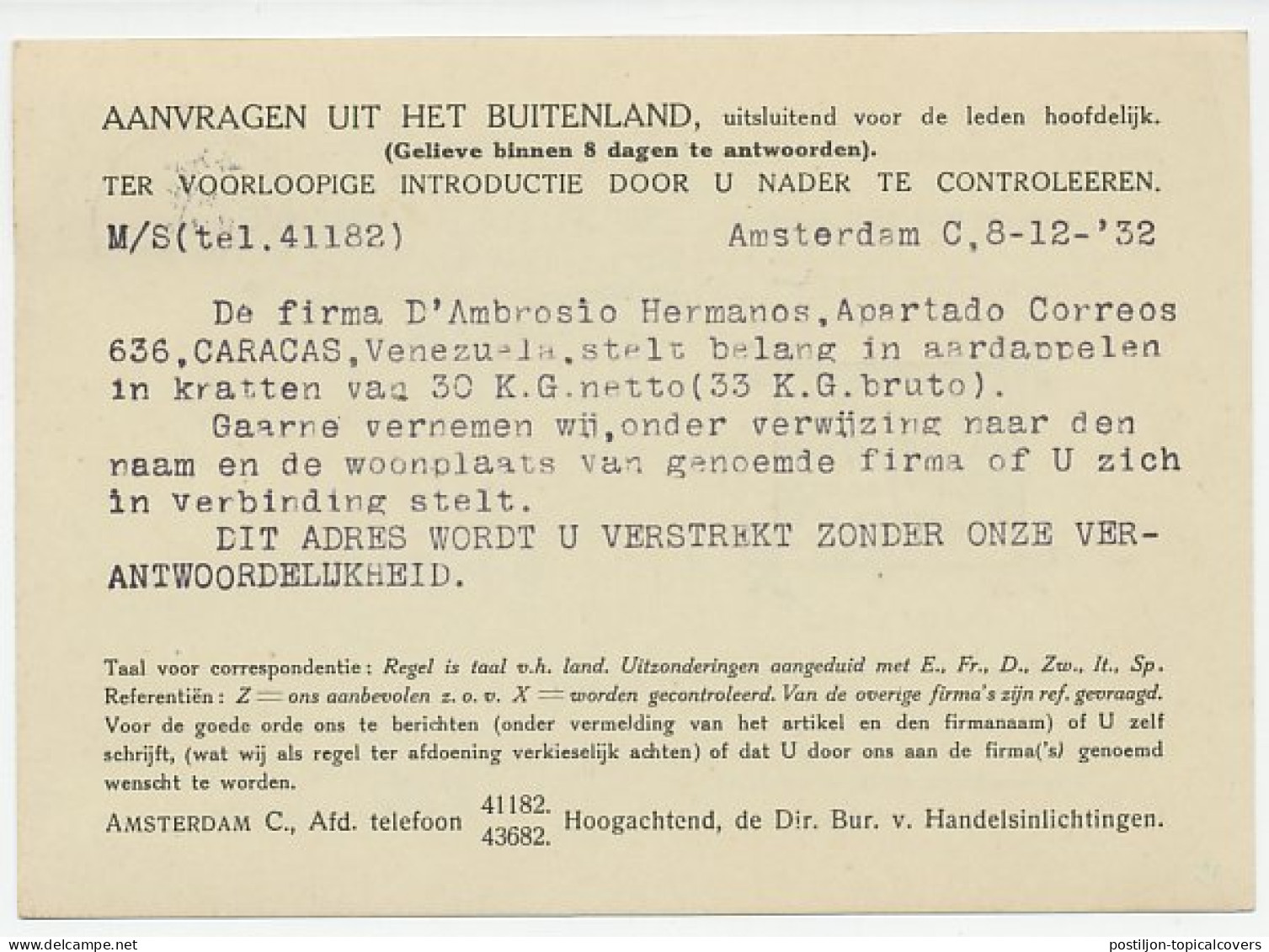 Briefkaart Amsterdam 1932 - Bureau Handelsinlichtingen - Non Classés