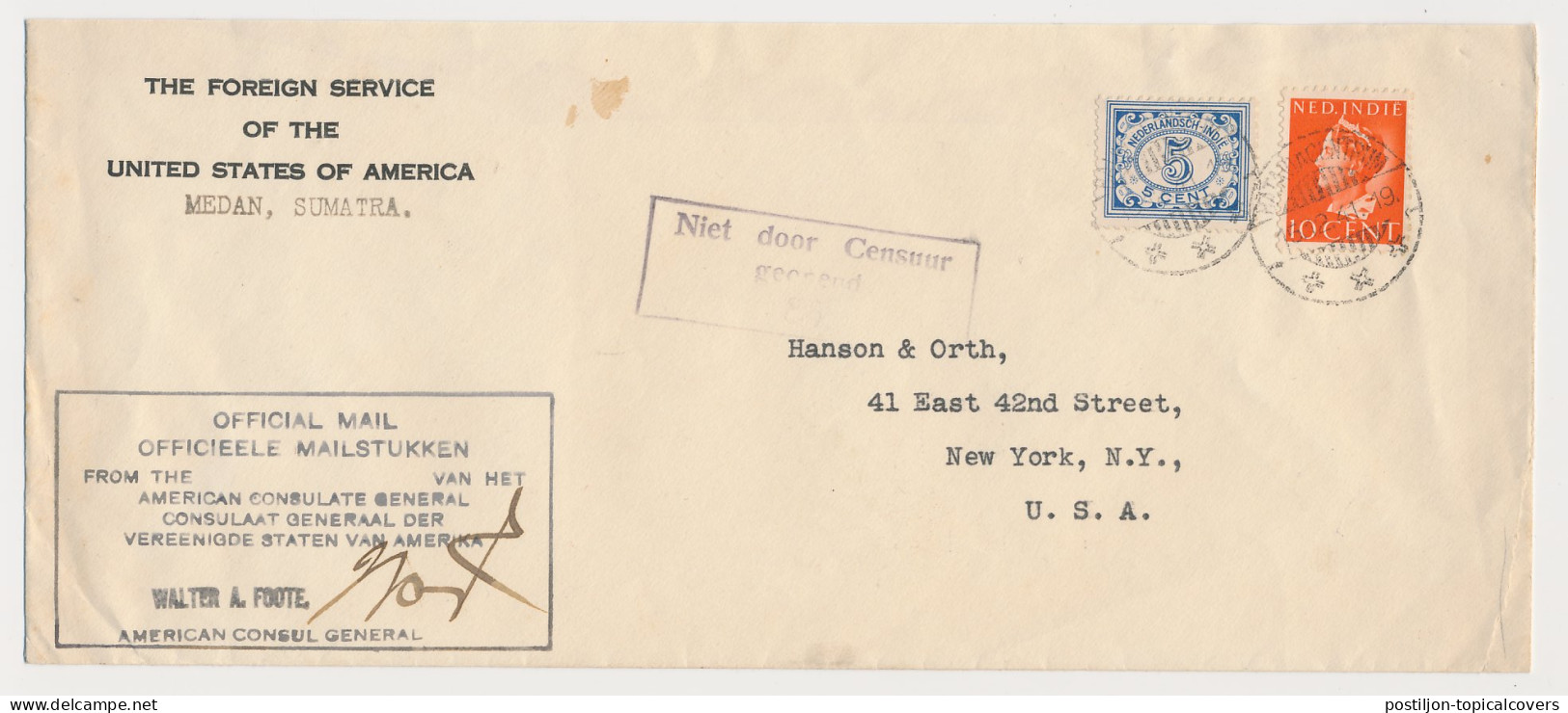 USA Consular Mail Medan / Batavia Neth. Indies - Not Censored  - Niederländisch-Indien