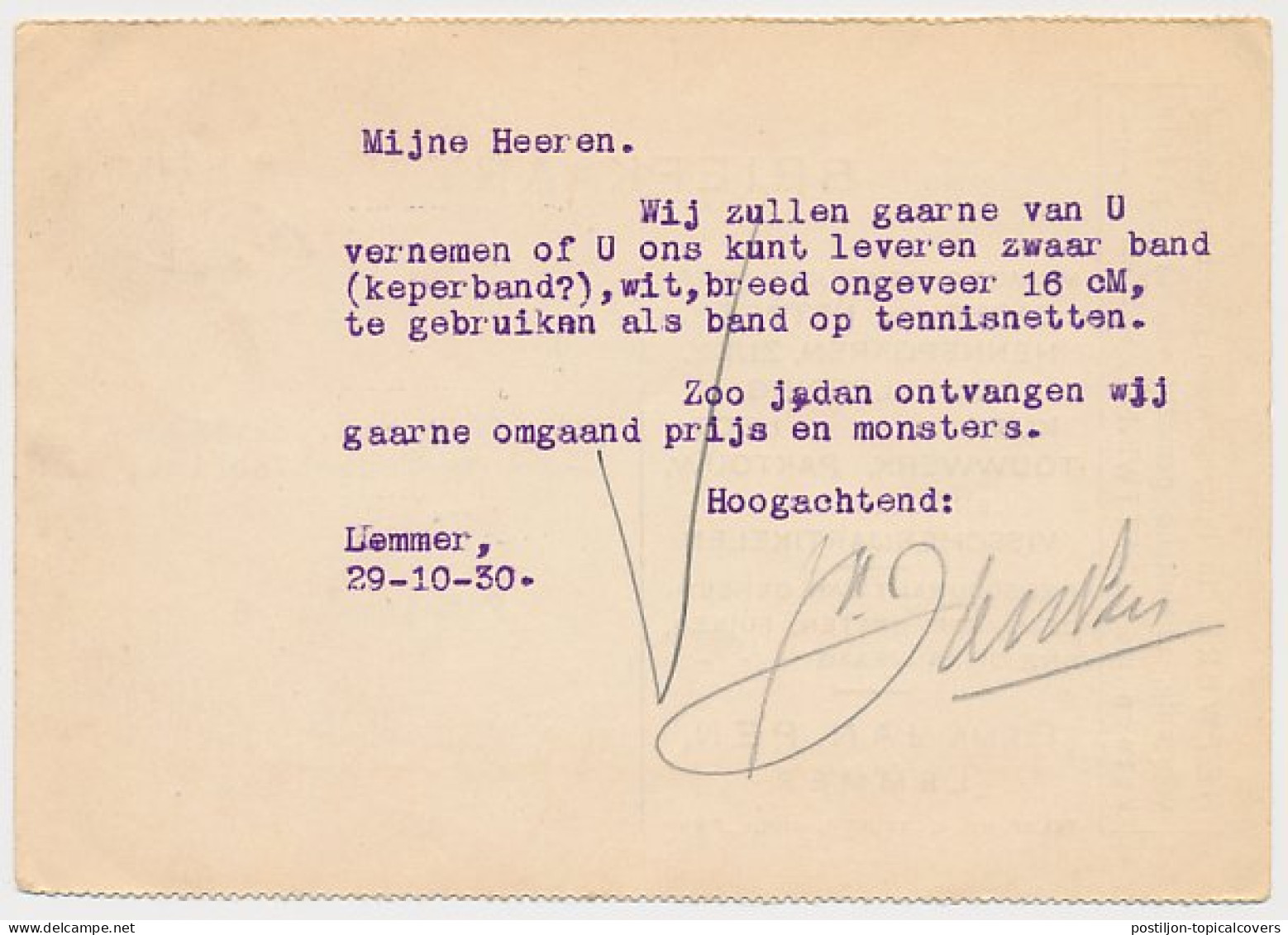 Firma Briefkaart Lemmer 1930 -Netwerk - Zijde - Oliekleding Etc. - Non Classés