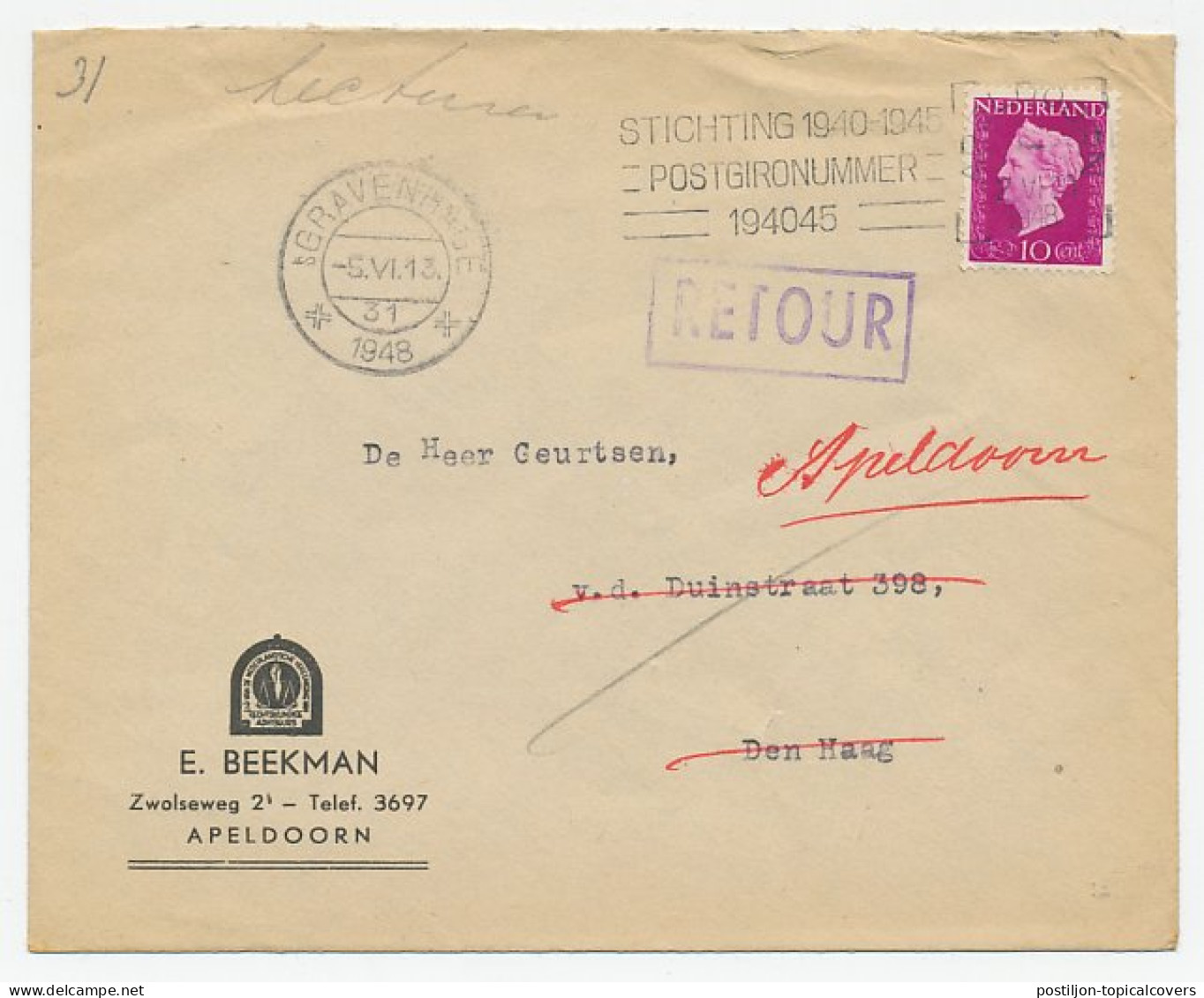 Apeldoorn - Den Haag 1948 - Vertrokken - Adres Onbekend - Retour - Non Classés