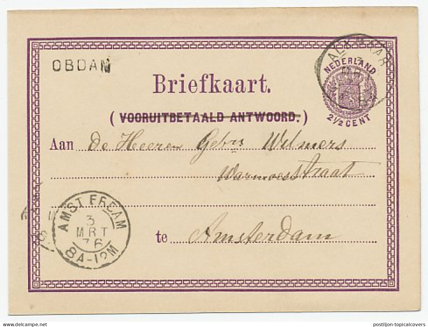 Naamstempel Obdam 1876 - Storia Postale