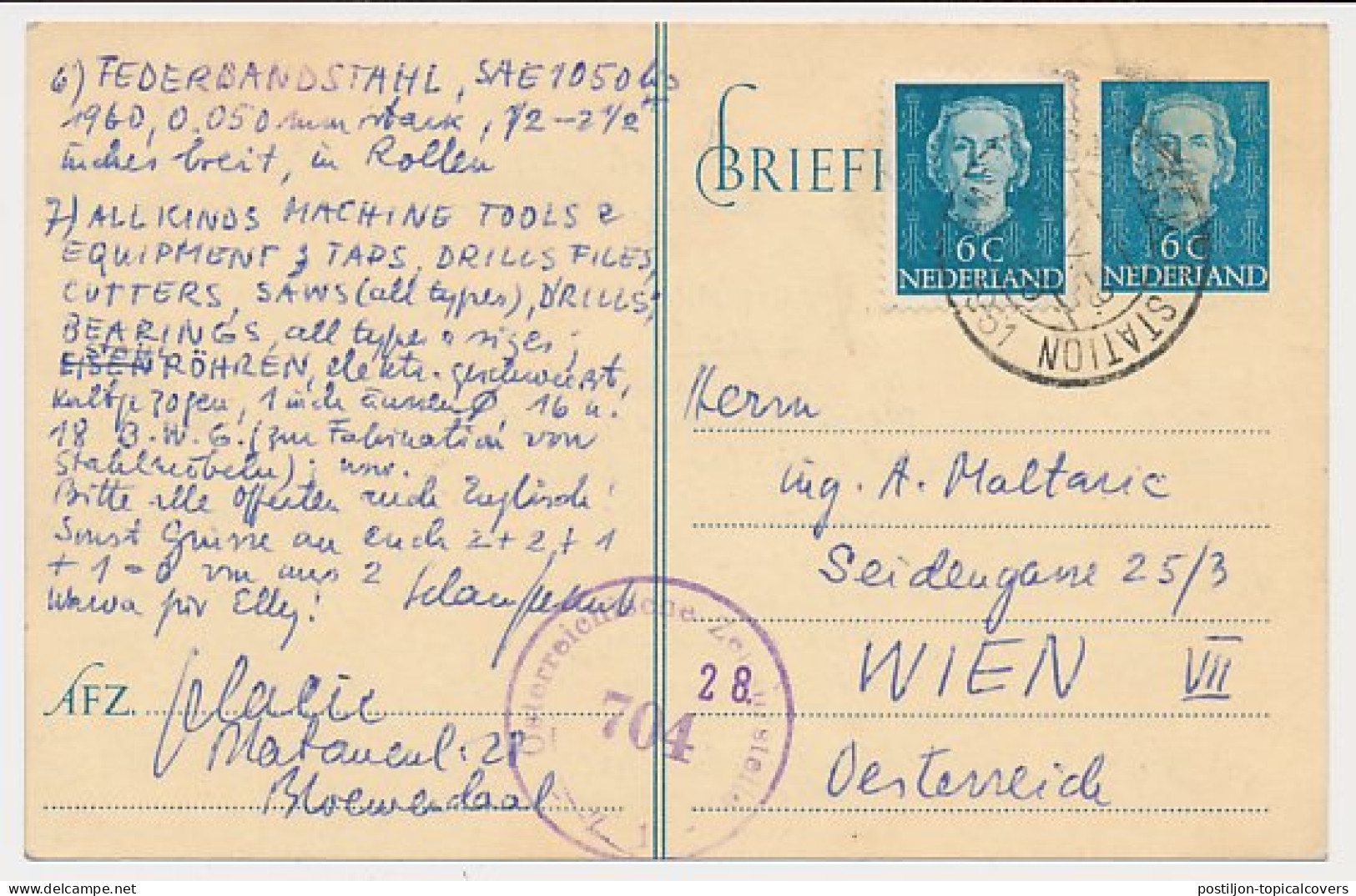 Briefkaart G. 302 / Bijfrankering Amsterdam - Oostenrijk 1951 - Postwaardestukken