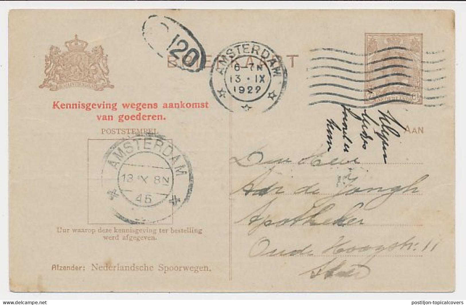 Spoorwegbriefkaart G. PNS191 C - Locaal Te Amsterdam 1922 - Postal Stationery