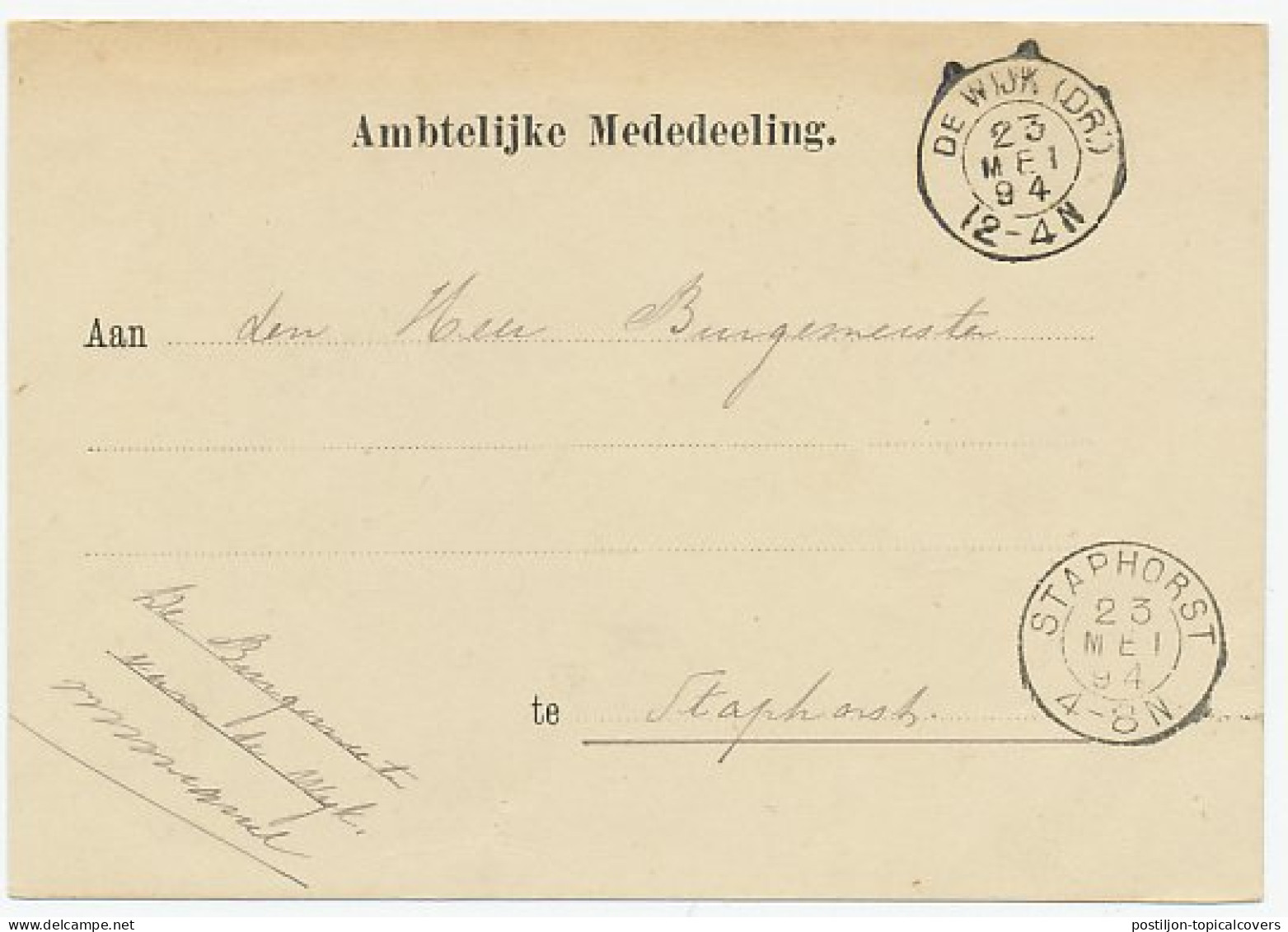 Kleinrondstempel De Wijk (Dr:) 1894 - Non Classés