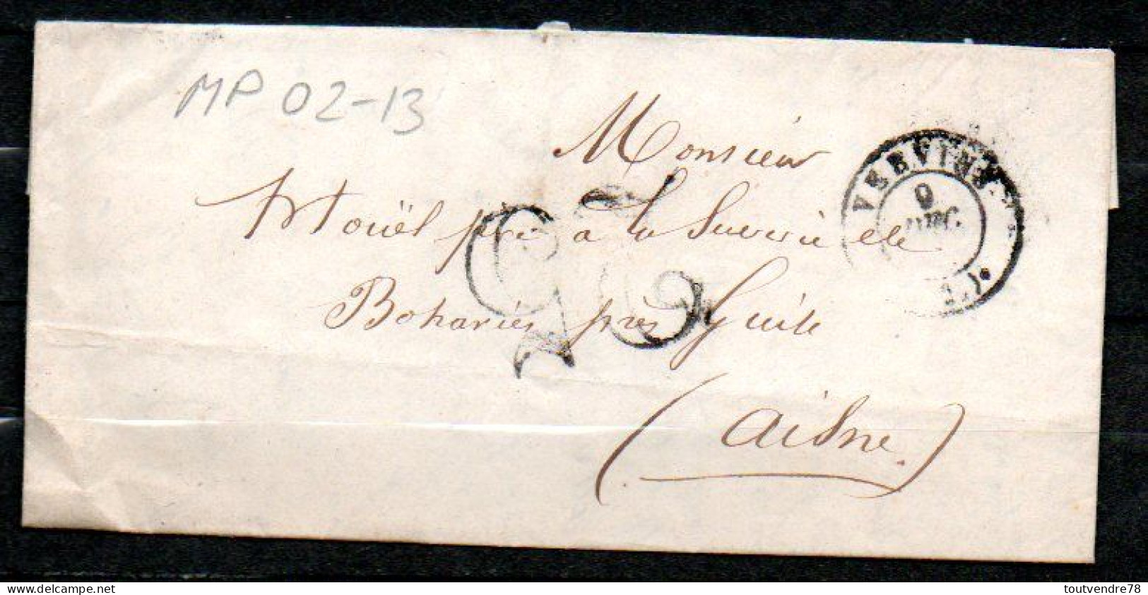MP02-13 : Dept 02 (Aisne) VERVINS 1853 Cachet Type 15 + Taxe Double Trait 25 - 1849-1876: Klassik