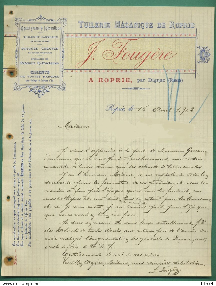 16 Roprie Par Dignac Fougere Tuilerie Mécanique Briques Creuses Ciments Chaux 16 04 1903 - Old Professions