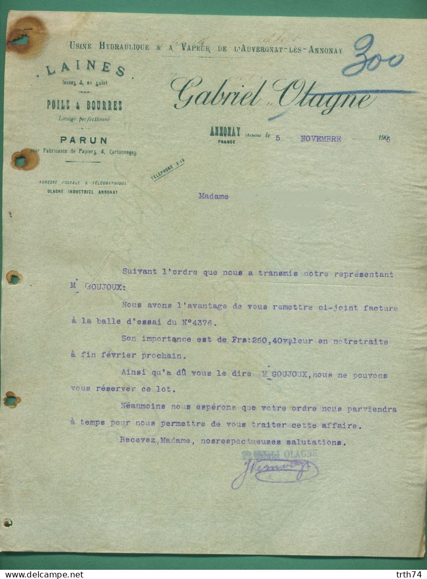 07 Annonay Usine Hydraulique Et à Vapeur Laines Lavées Et En Suint Poils Et Bourres Gabriel Olagne 5 11 1906 - Textilos & Vestidos