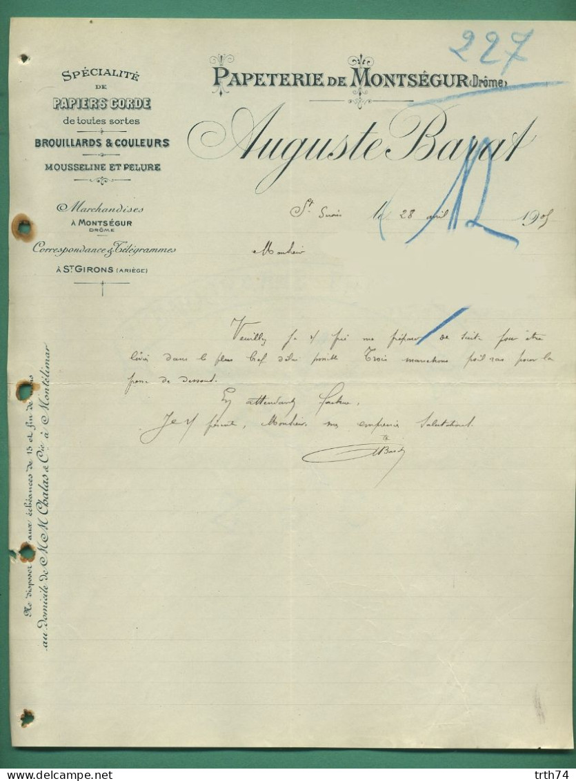 09 Saint Girons 26 Montségur Barat Auguste Papeterie De Montségur ( Drome ) Papiers Corde 28 04 1905 - Drukkerij & Papieren