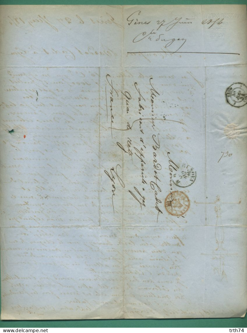 Italie Gènes Compagnie D' éclairage Par Le Gaz 27 Juin 1854 Cachet Genova Lyon - Electricité & Gaz