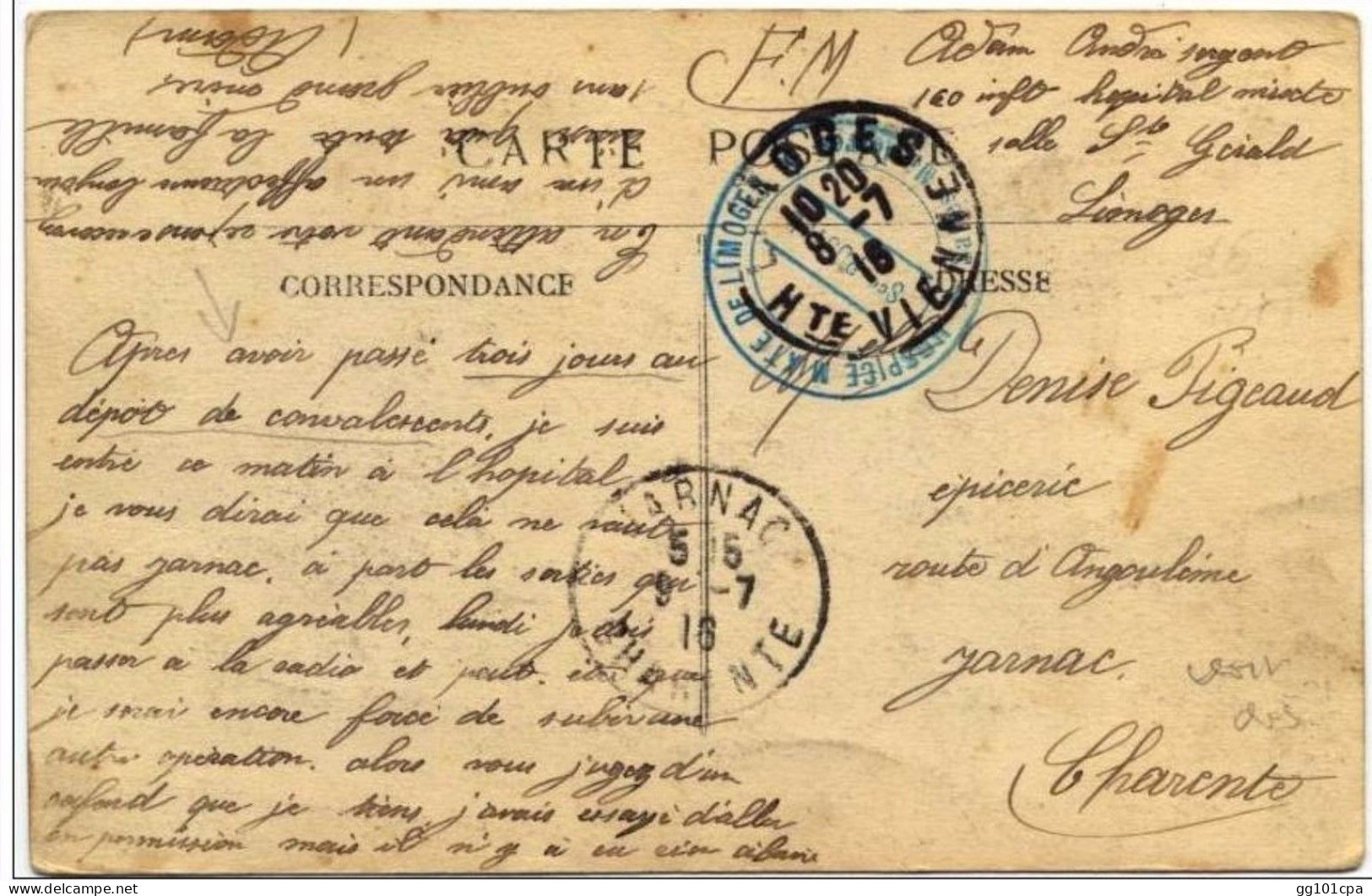 Cachet "salles Militaires Hospice Mixte De Limoges Sce Postal" Hôpital Cp Limoges Voir Correspondance - 1. Weltkrieg 1914-1918