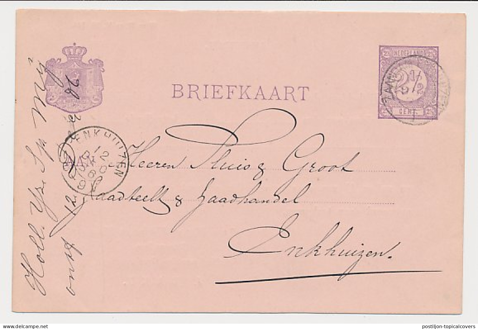 Spoorwegbriefkaart G. HYSM23 A - Amsterdam - Enkhuizen 1886 - Postal Stationery