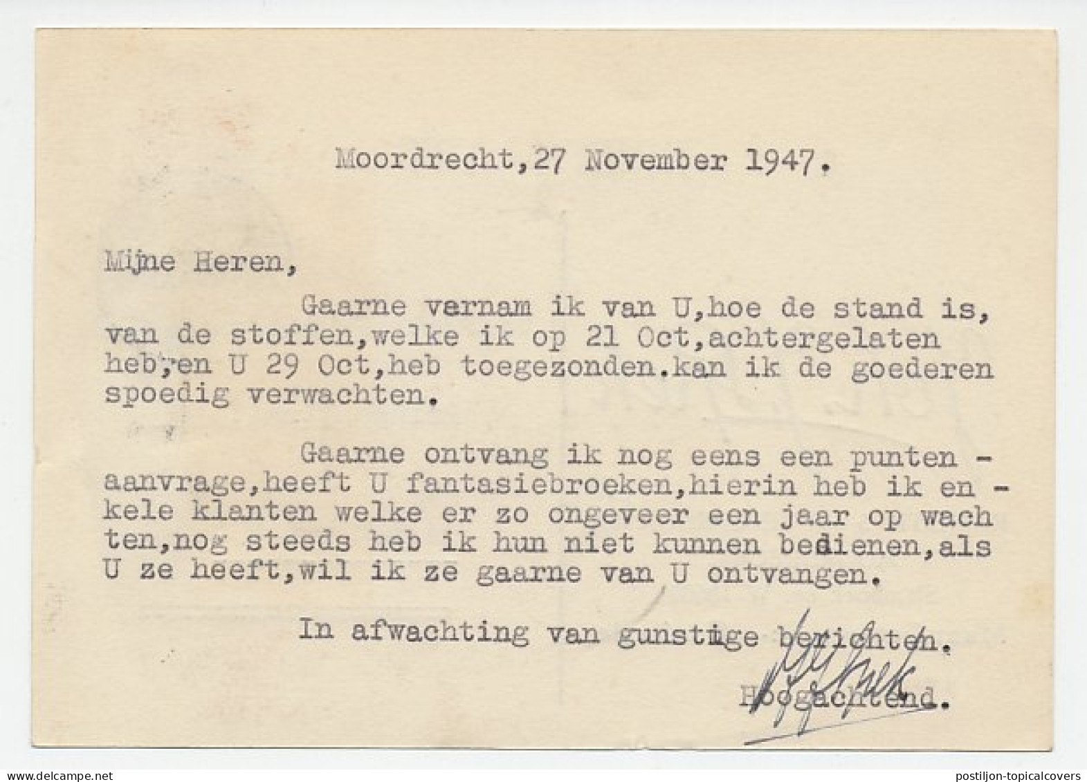 Firma Briefkaart Moordrecht 1947 - Manufacturen / Confectie - Non Classés