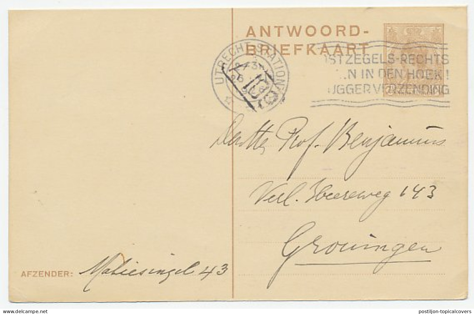 Briefkaart G. 205 A.krt. Utrecht - Groningen 1926 - Postwaardestukken