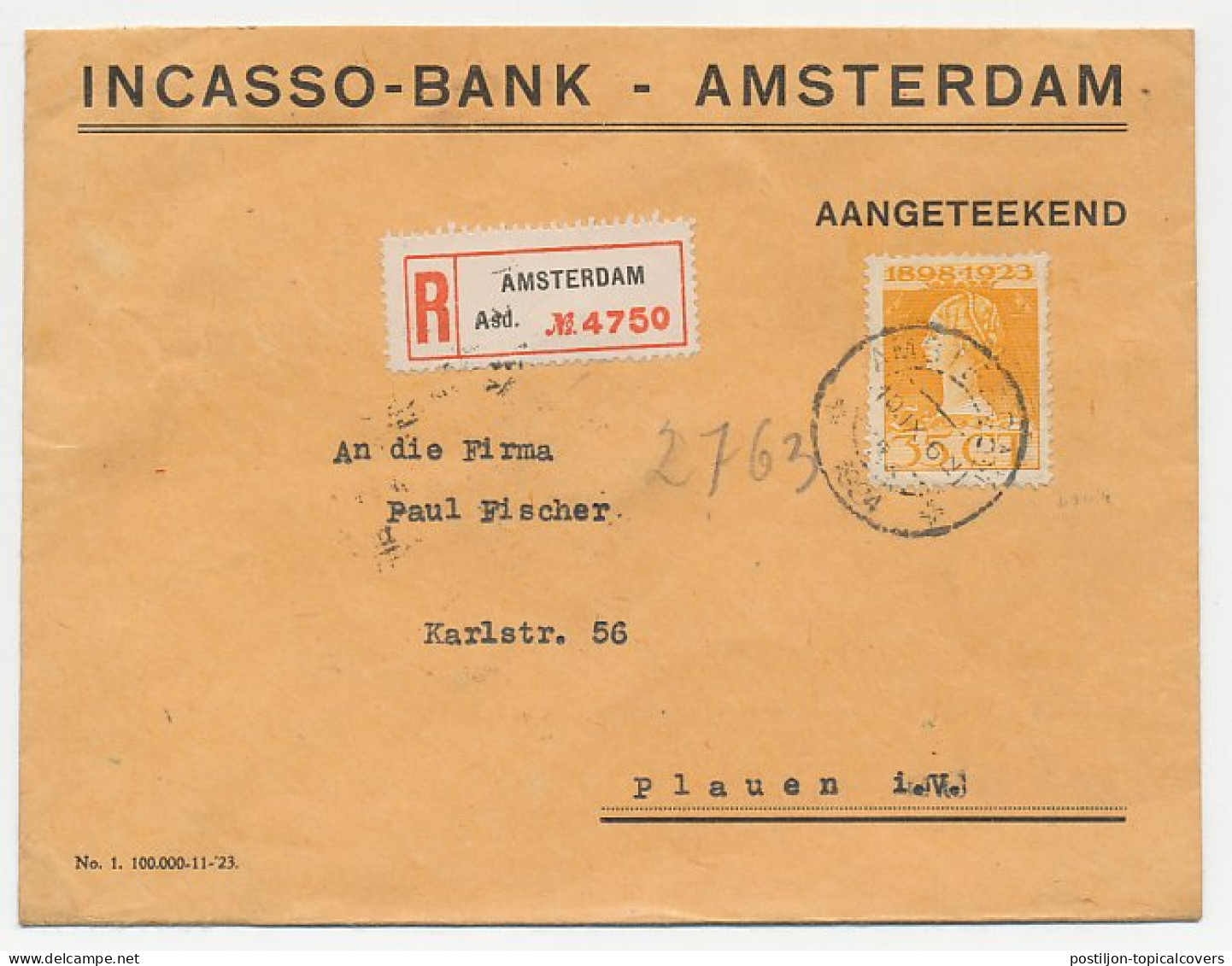 Em. 1923 Aangetekend Amsterdam - Duitsland - Non Classés