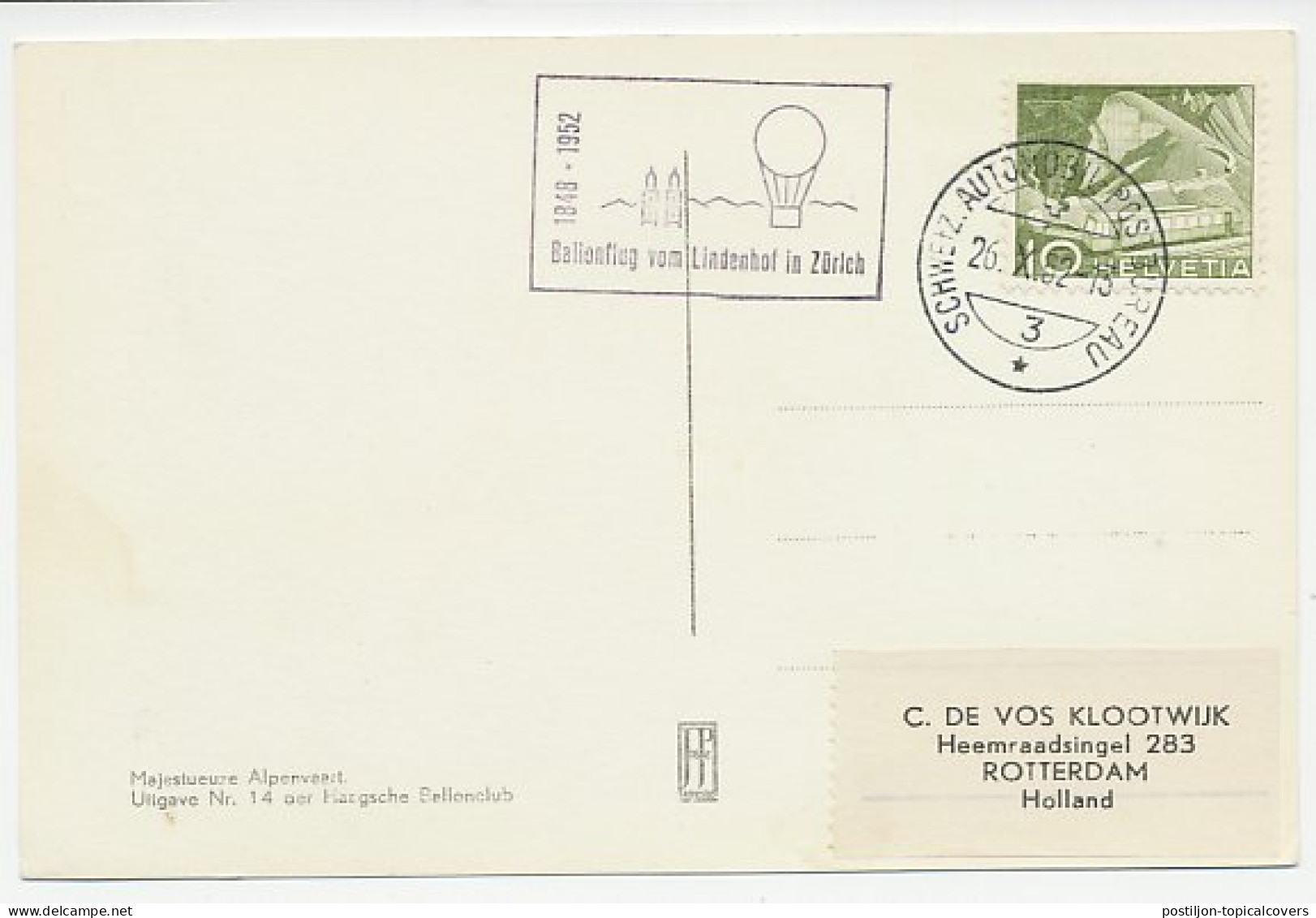 Postcard / Postmark Switzerland 1952 Air Balloon Flight - Lindenhof Zurich - Flugzeuge