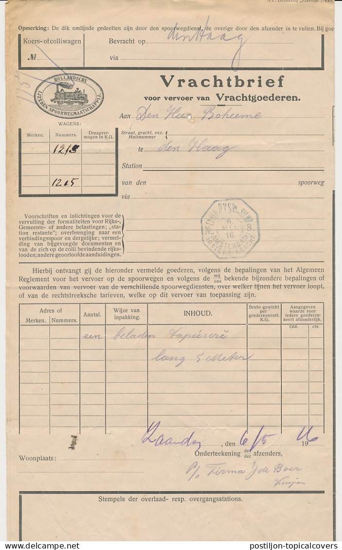 Vrachtbrief H.IJ.S.M. Zaandam - Den Haag 1916 - Non Classés