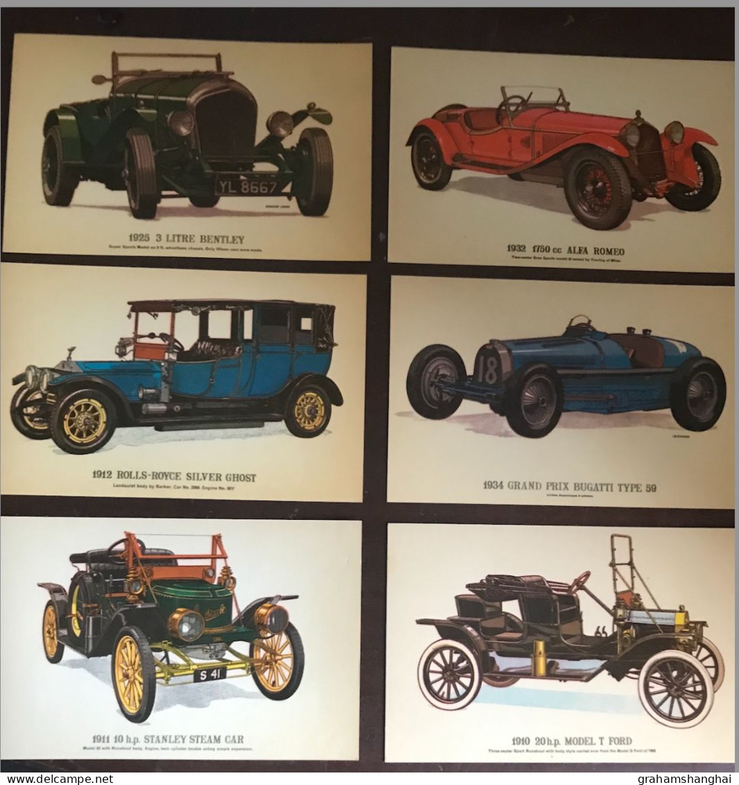 6 Postcards Lot Vintage Cars Collectors Reproductions Bentley Affa Romeo Rolls-Royce Bugatti Stanley Model T Ford - Collections & Lots