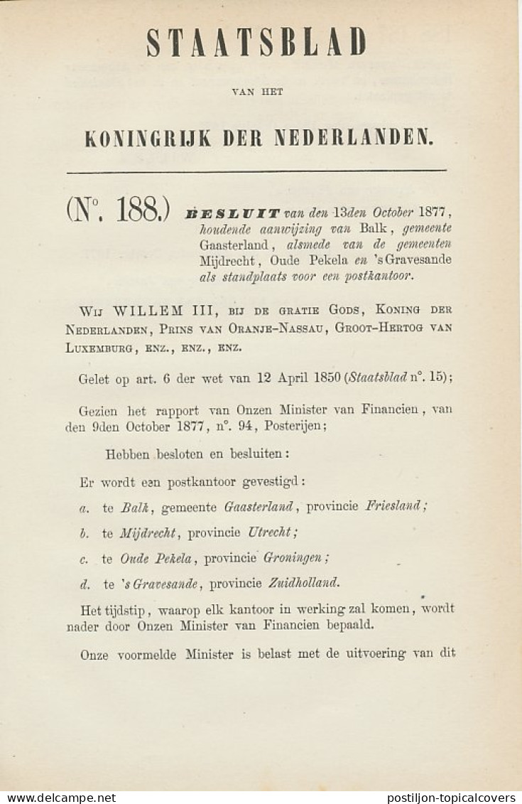Staatsblad 1877 - Betreffende O.a. Postkantoor Balk - S Graves - Lettres & Documents