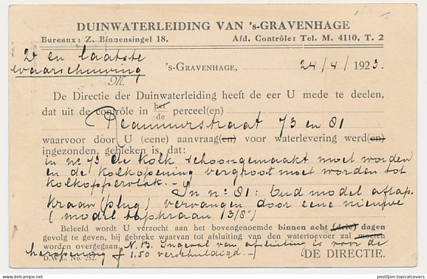 Briefkaart G. DW163-II-b - Duinwaterleiding S-Gravenhage 1923 - Postal Stationery