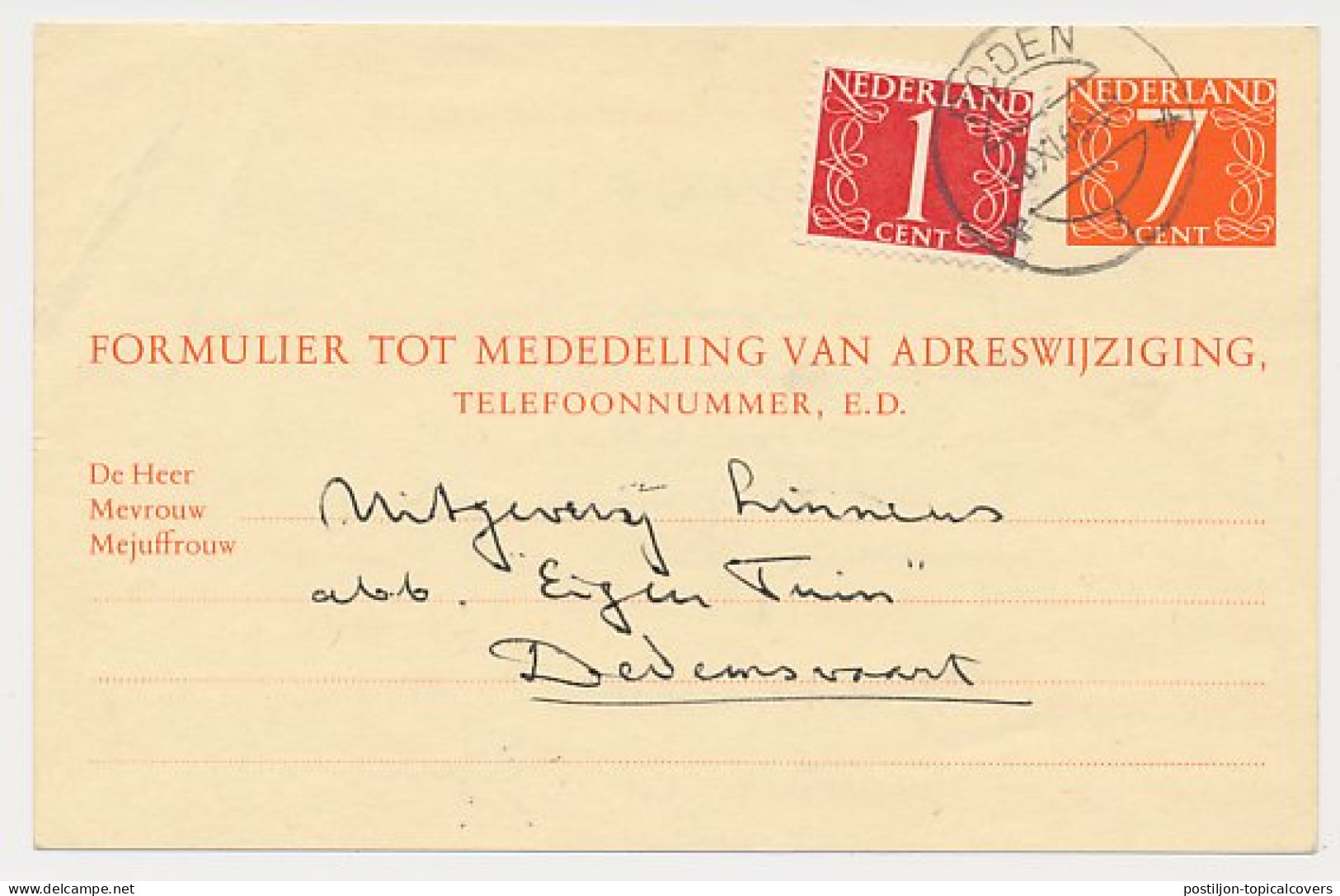 Verhuiskaart G. 30 Roden - Dedemsvaart 1965 - Postal Stationery