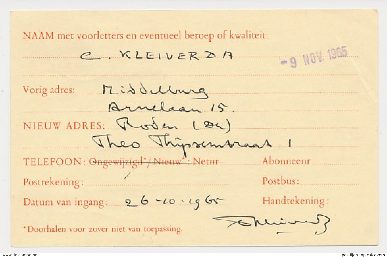 Verhuiskaart G. 30 Roden - Dedemsvaart 1965 - Postal Stationery