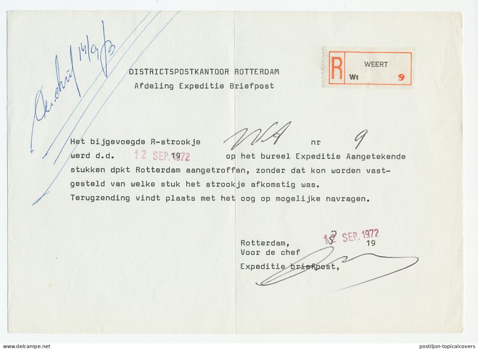 Rotterdam 1972 - Betreffende Los Aangetroffen Aantekenstrookje - Non Classés
