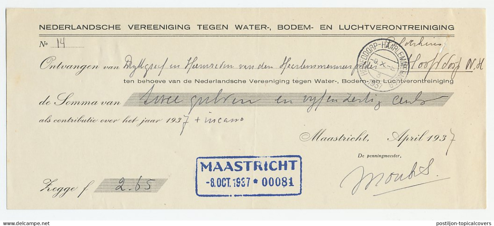 Maastricht - Hoofddorp Haarlemmermeer 1937 - Kwitantie - Zonder Classificatie