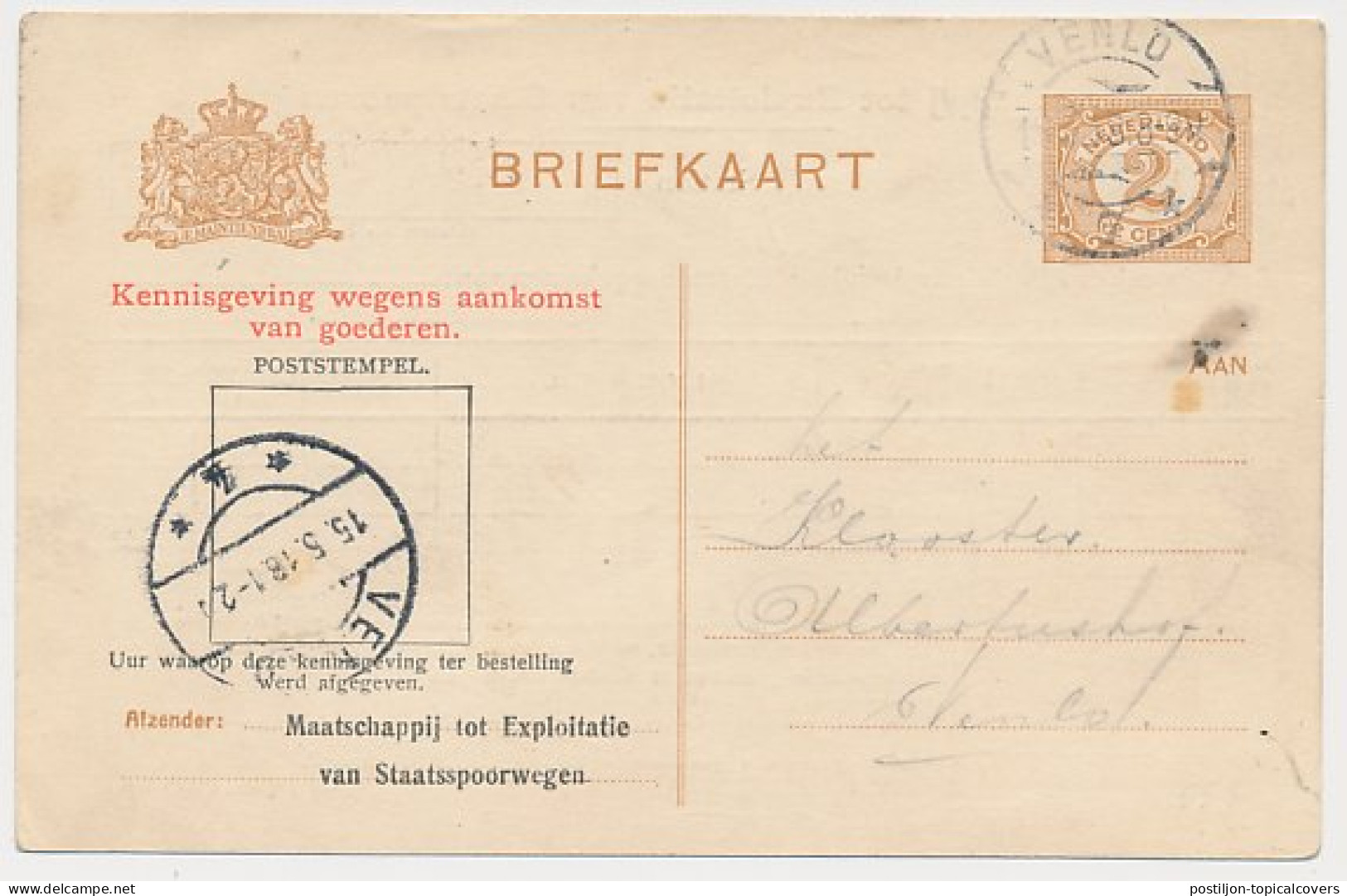 Spoorwegbriefkaart G. MESS88a-I A - Locaal Te Venlo 1918 - Postwaardestukken