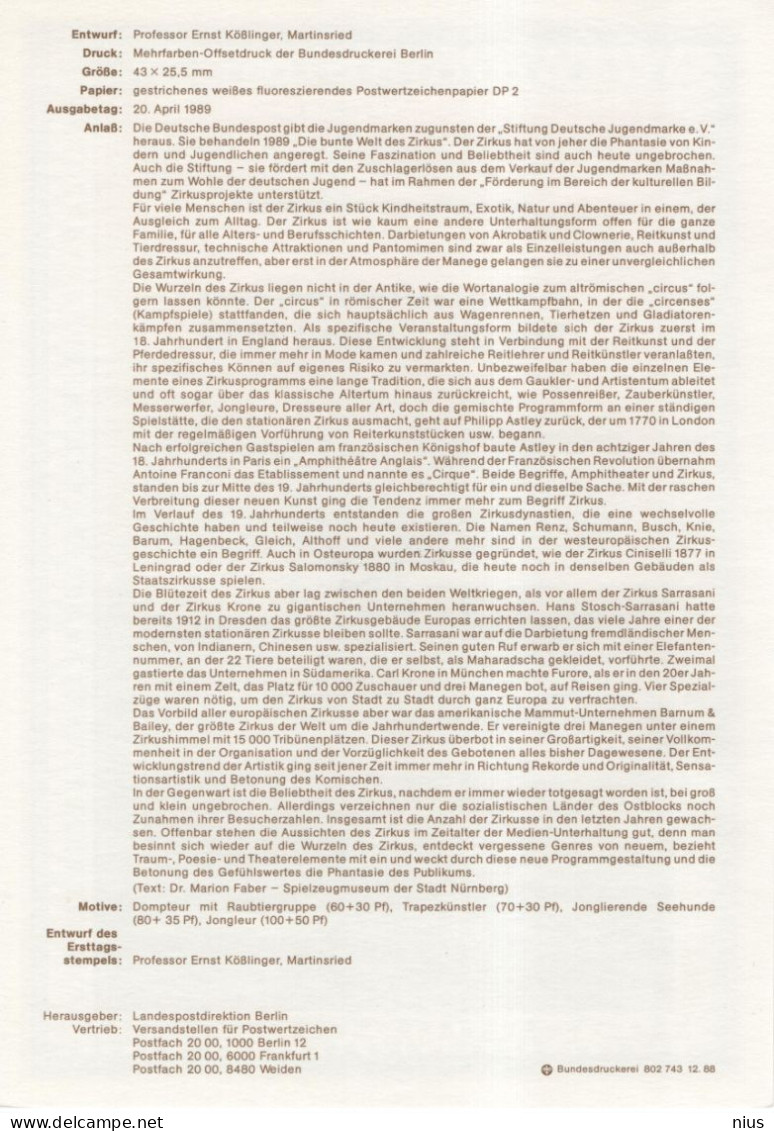 Germany Deutschland 1989-6 Für Die Jugend, Zirkus Cirque Circus, Canceled In Berlin - 1981-1990