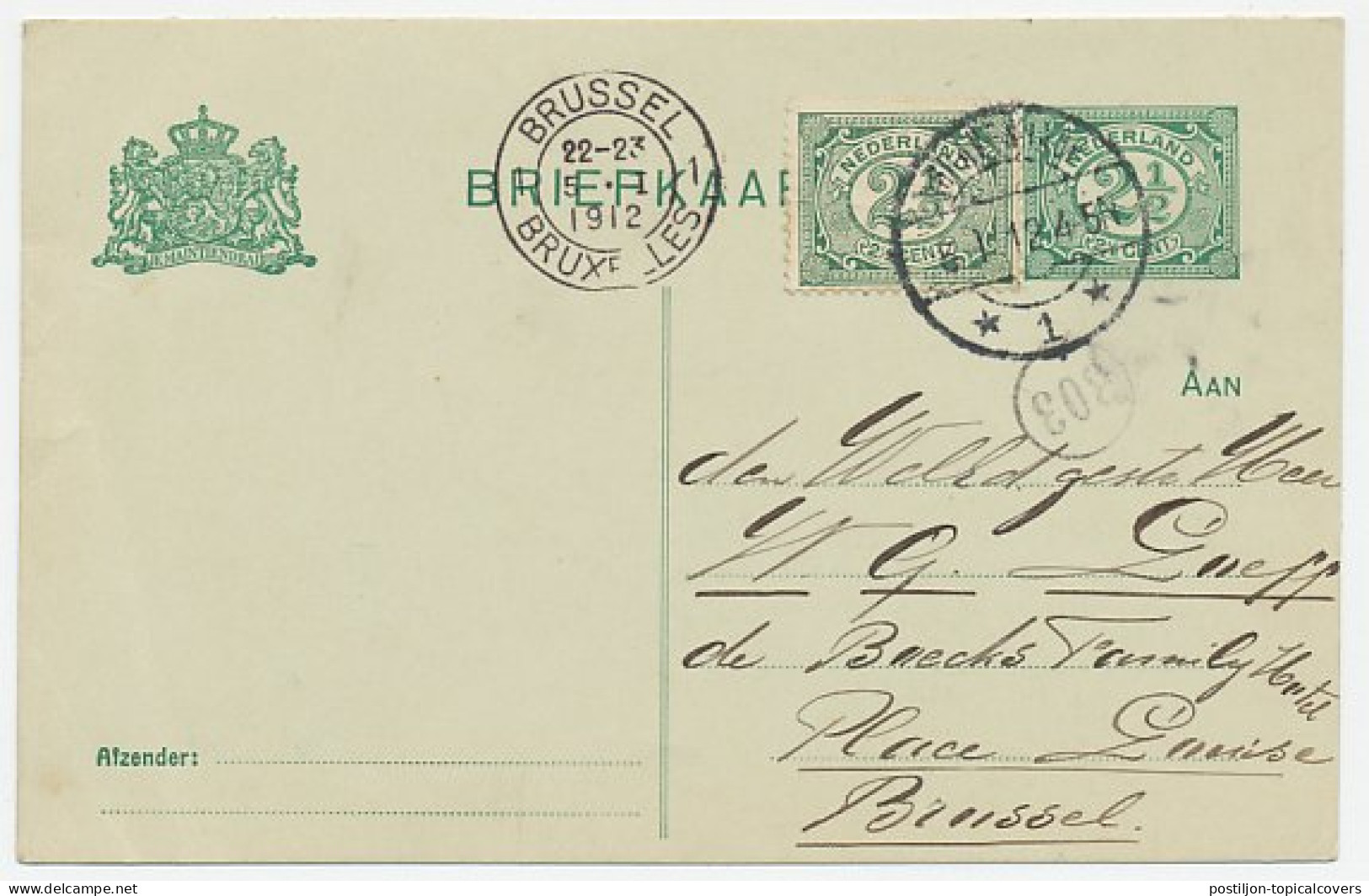 Briefkaart G. 80 A I / Bijfrankering Den Haag - Belgie 1912 - Postwaardestukken