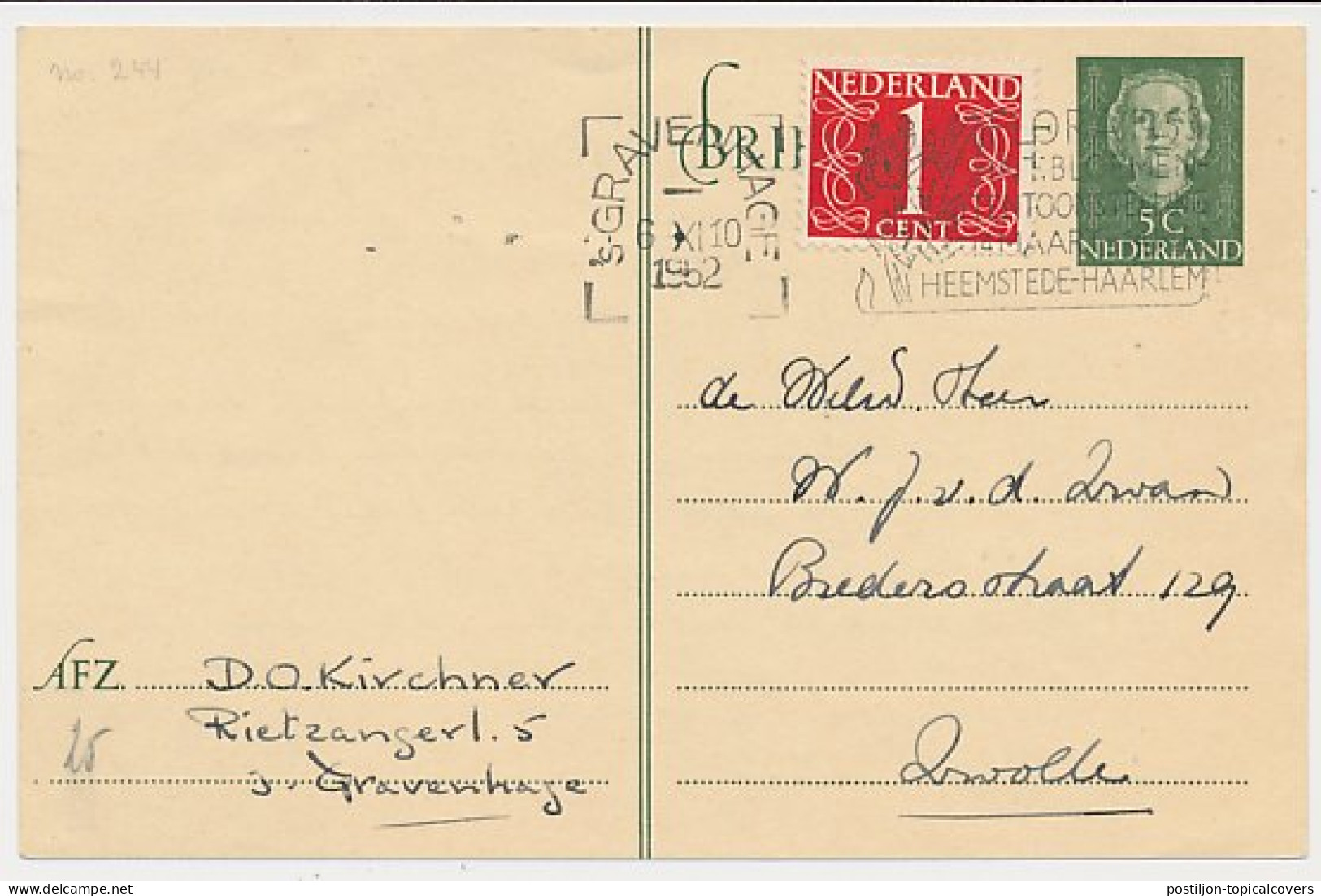 Briefkaart G. 300 / Bijfrankering Den Haag - Zwolle 1952 - Interi Postali