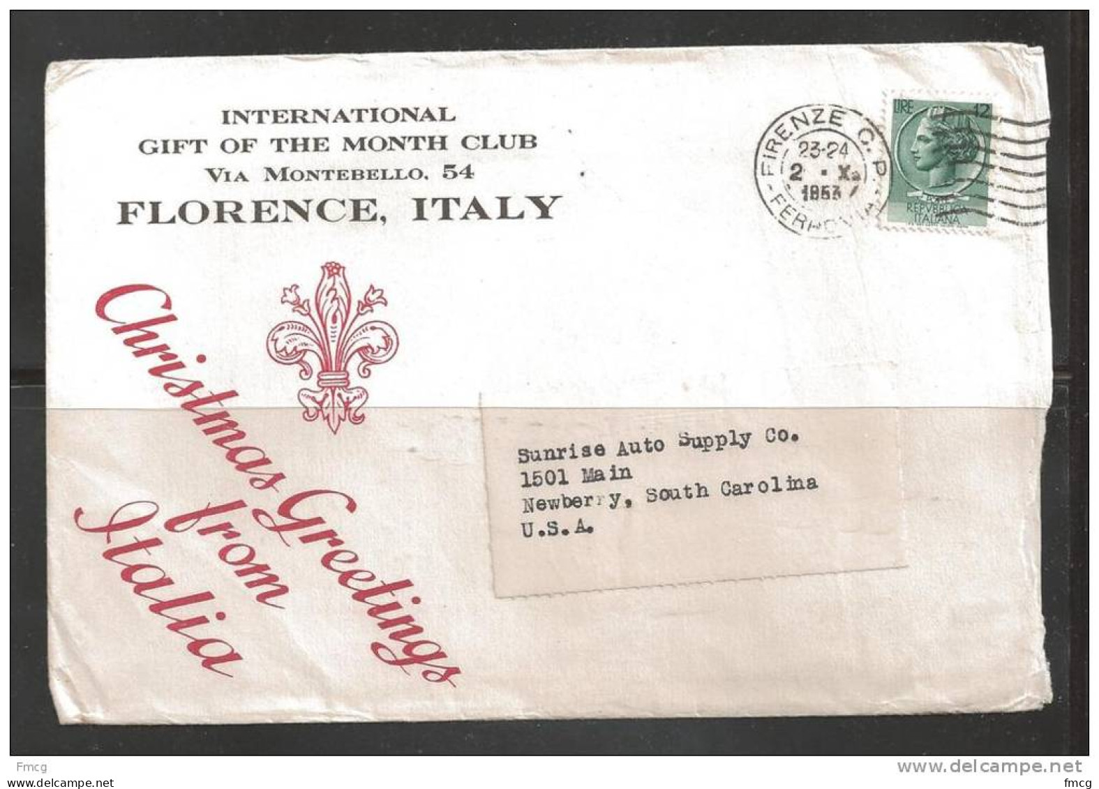 1953 Christmas  Florence To Newberry SC USA - 1946-60: Marcophilie