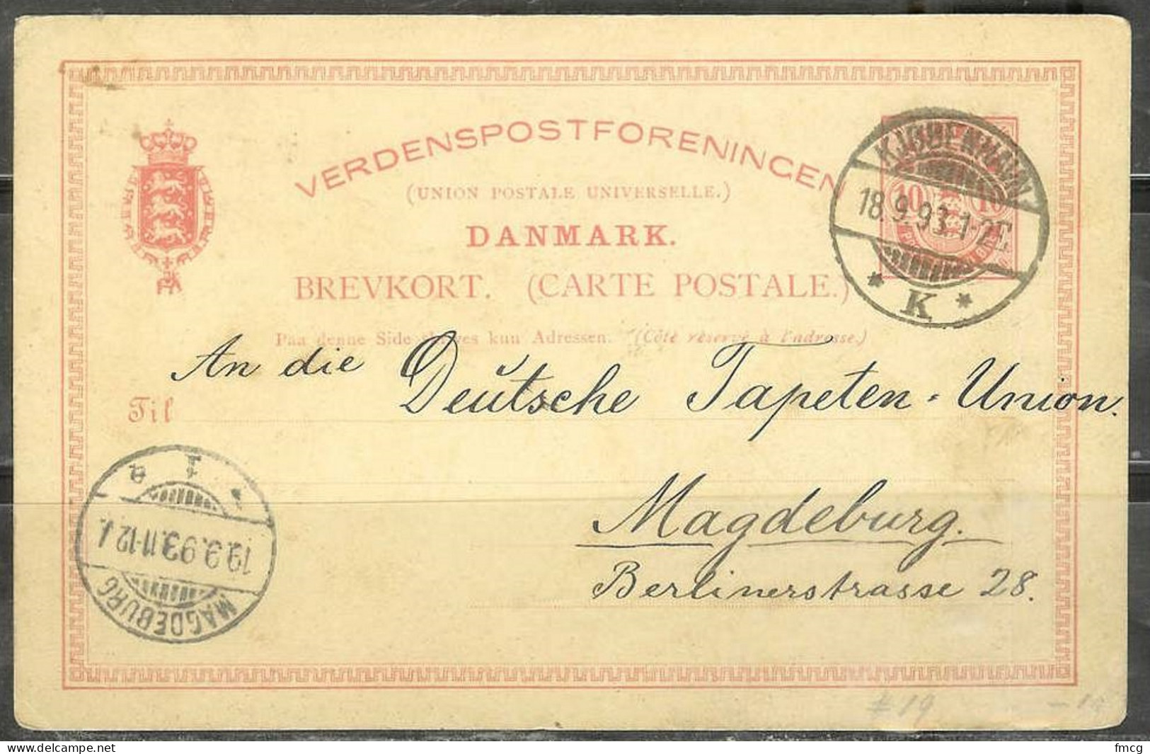 1893 Used 10ore Card Kjobenhavn To Magdeburg, Berlin, Germany - Lettres & Documents