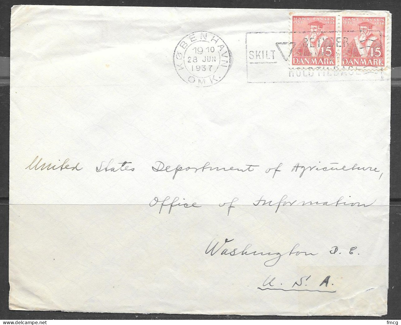 1937 Kobenhavn, Two Tavnsen Stamps To USA - Brieven En Documenten