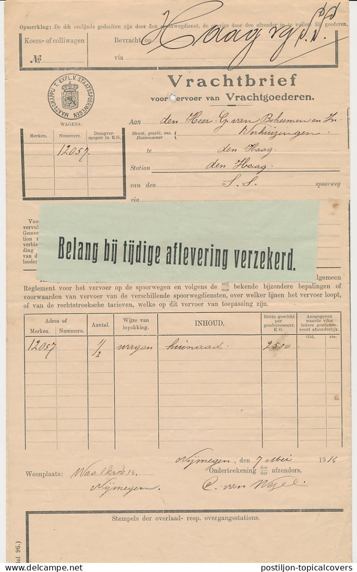 Vrachtbrief Staats Spoorwegen Nijmegen - Den Haag 1914 - Etiket - Ohne Zuordnung