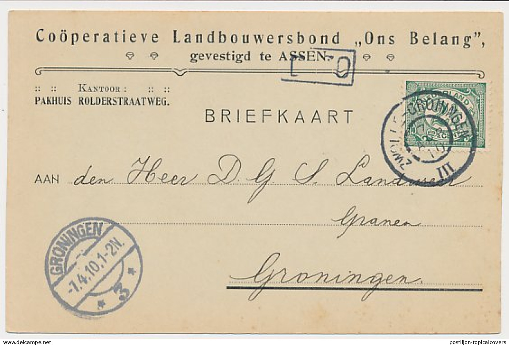 Briefkaart Assen 1910 - Landbouwersbond - Unclassified