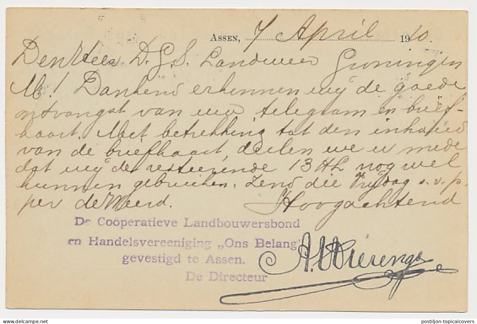 Briefkaart Assen 1910 - Landbouwersbond - Ohne Zuordnung