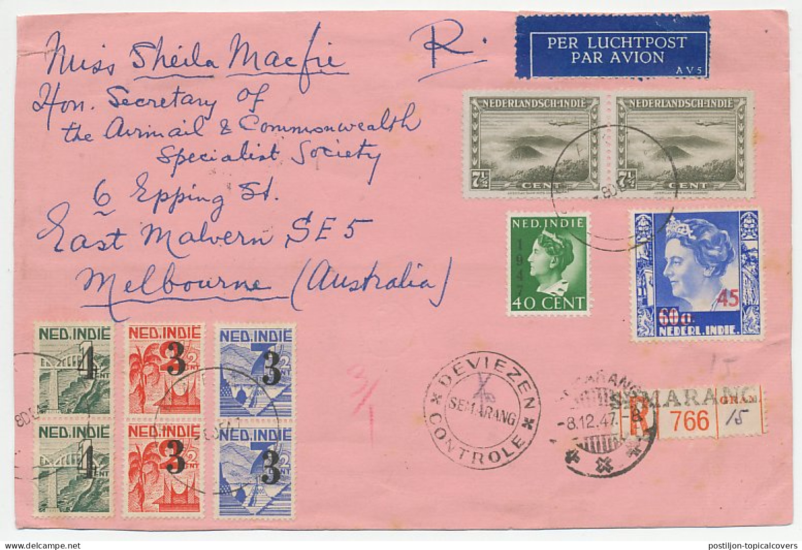 Briefvoorzijde Aangetekend Semarang Ned. Indie - Australie 1947 - India Holandeses