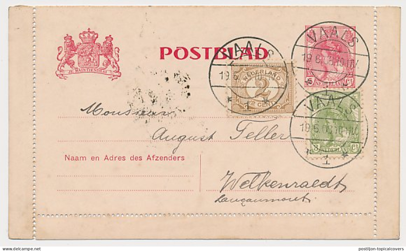 Postblad G. 10 / Bijfrankering Vaals - Welkenraedt Belgie 1908 - Postwaardestukken