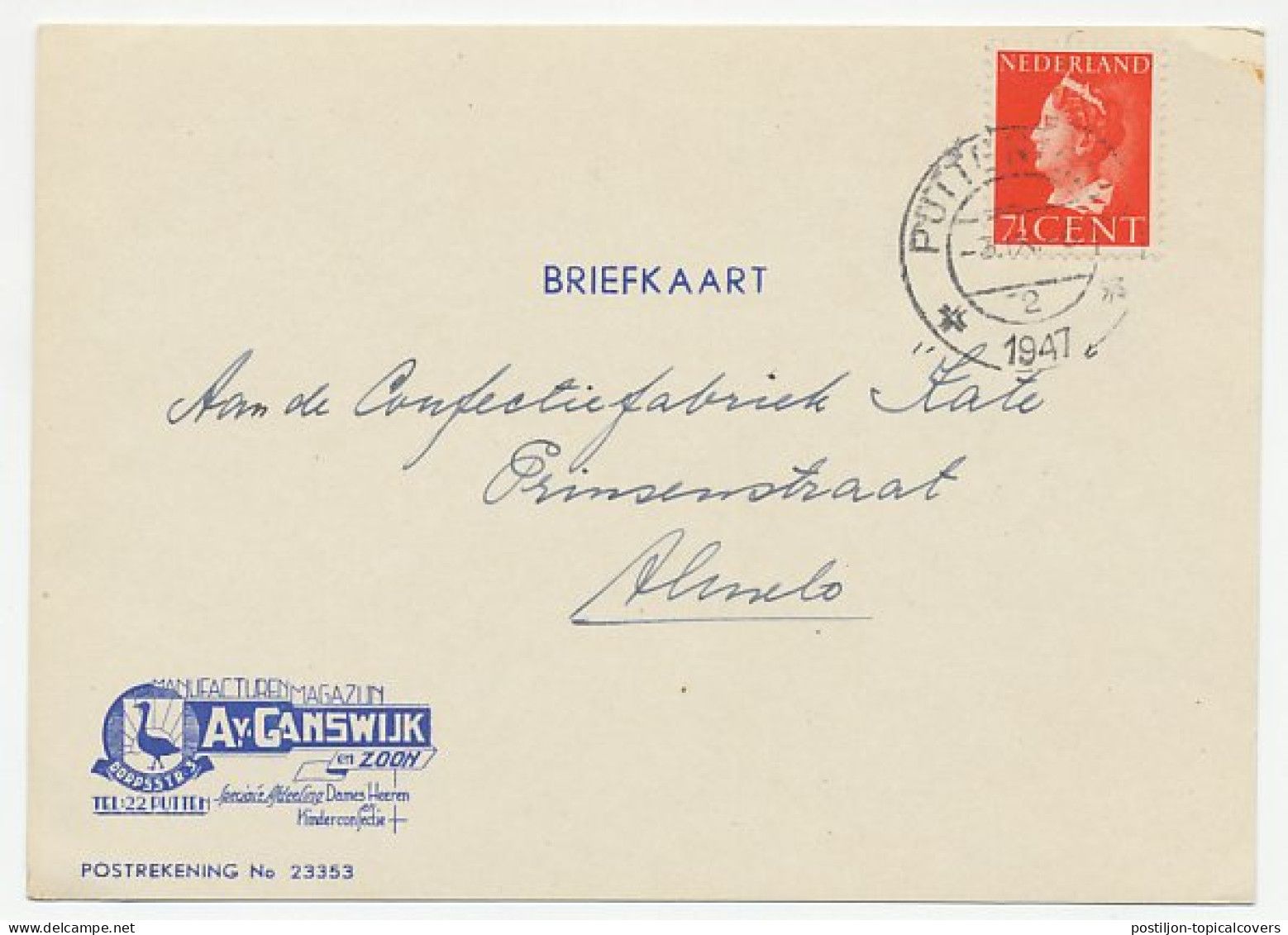 Firma Briefkaart Putten 1947 - Manufacturen / Gans - Non Classés
