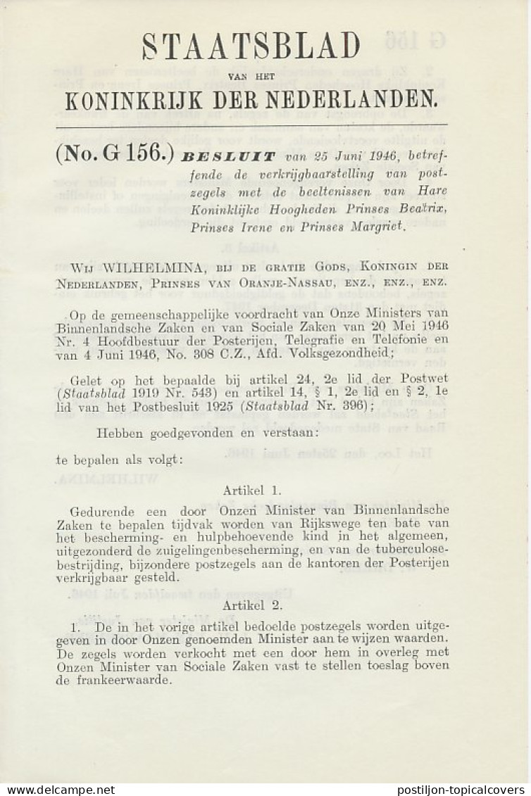 Staatsblad 1946 : Uitgifte Prinsessenpostzegels Emissie 1946 - Cartas & Documentos