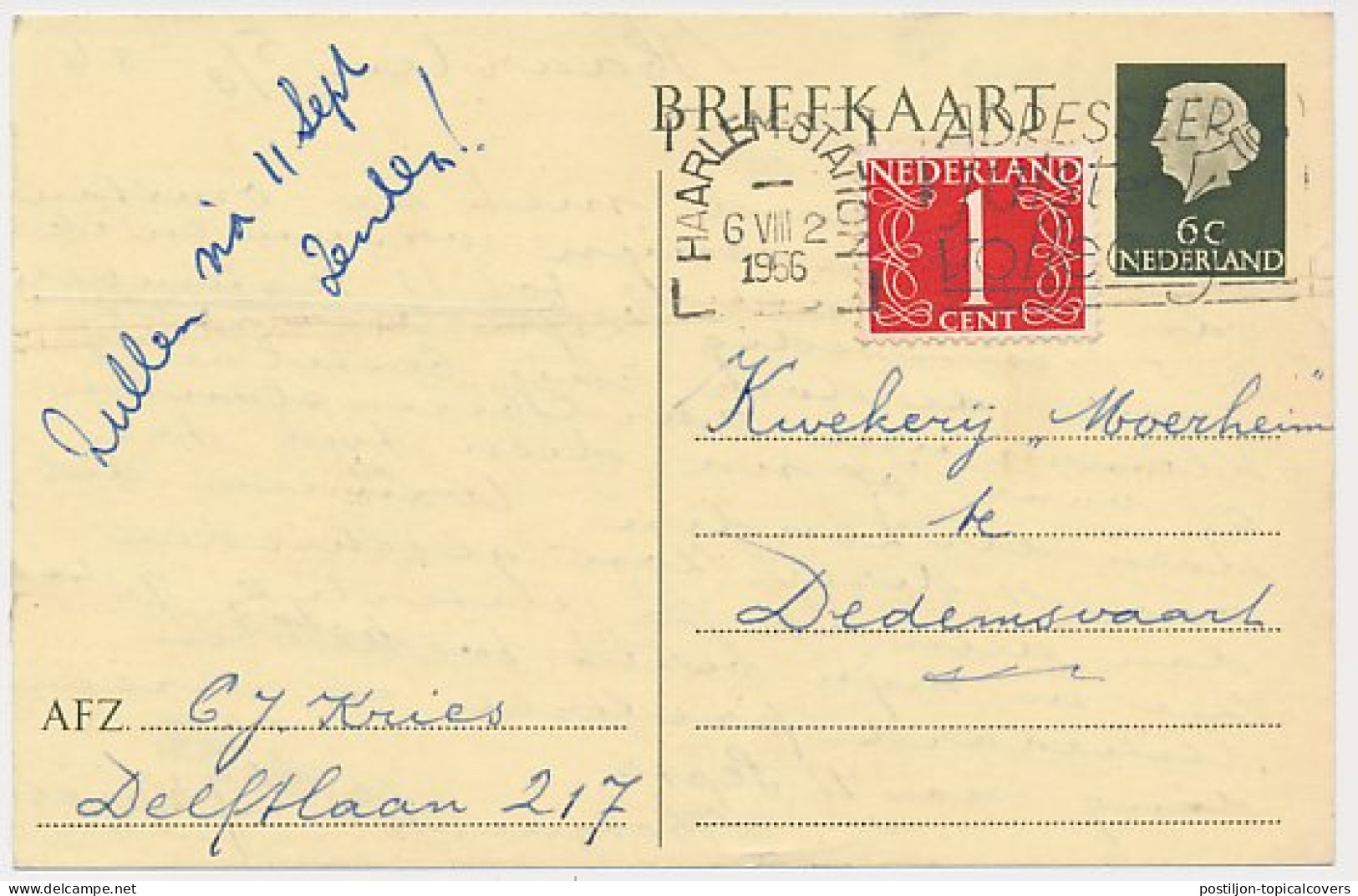 Briefkaart G. 313 / Bijfrankering Haarlem - Dedemsvaart 1956 - Postwaardestukken