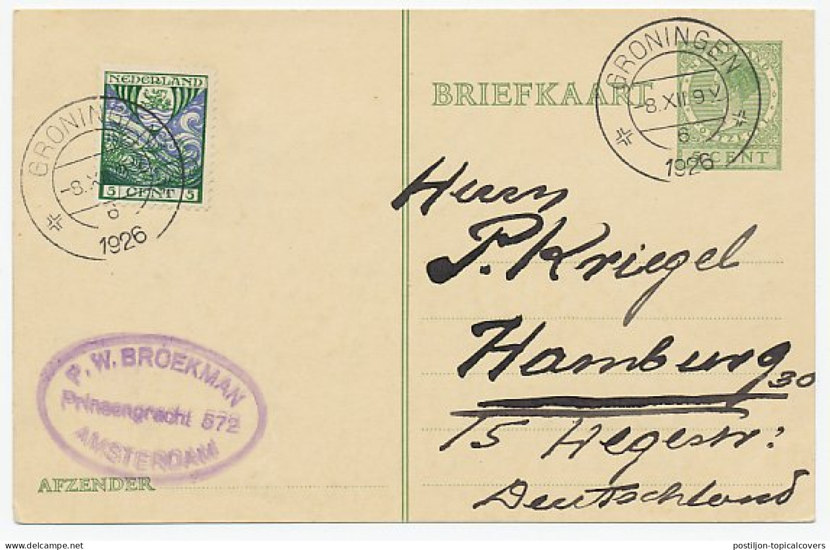 Briefkaart G. 216 / Bijfrankering Groningen - Duitsland 1926 - Postal Stationery