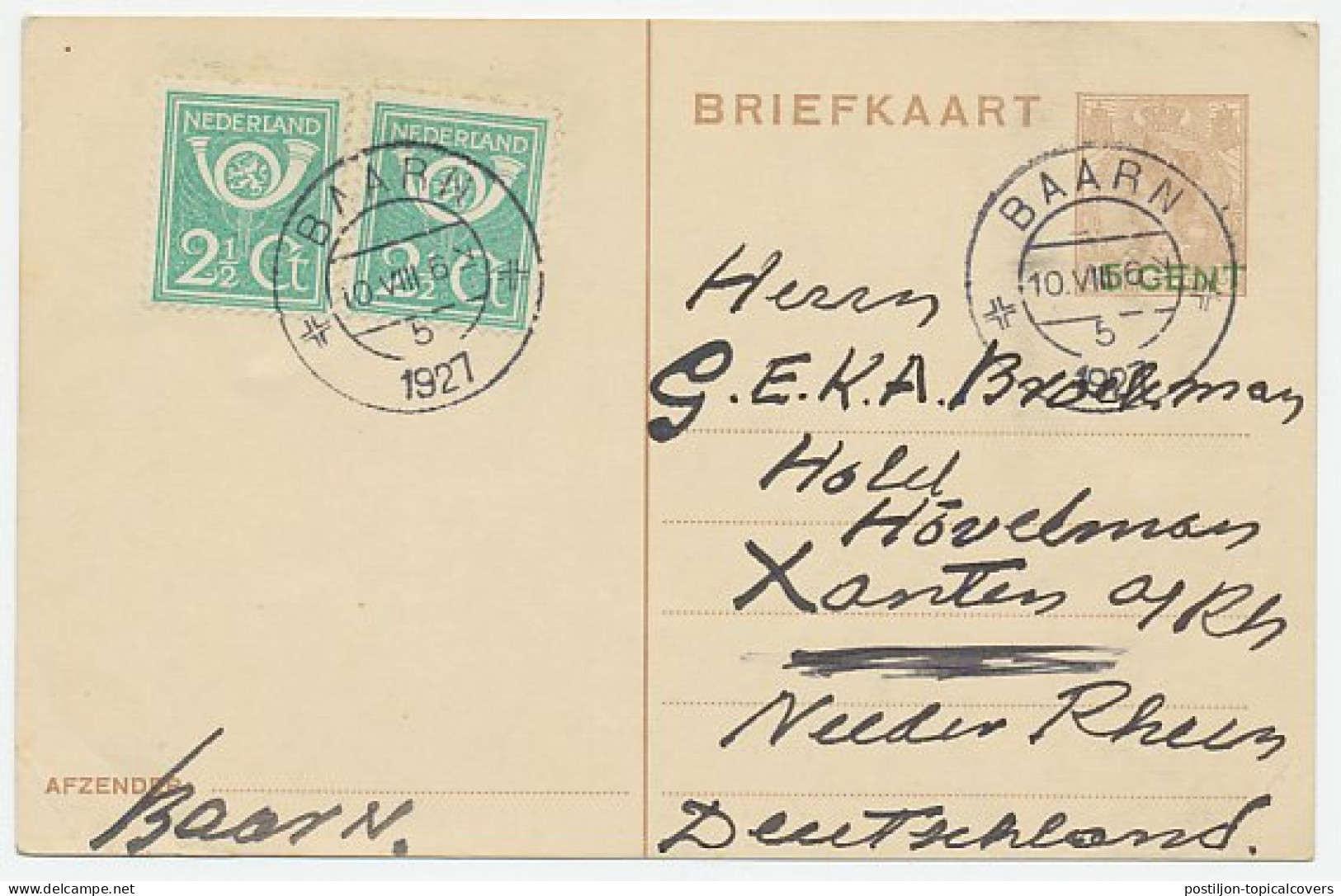 Briefkaart G. 218 / Bijfrankering Baarn - Duitsland 1927 - Postal Stationery