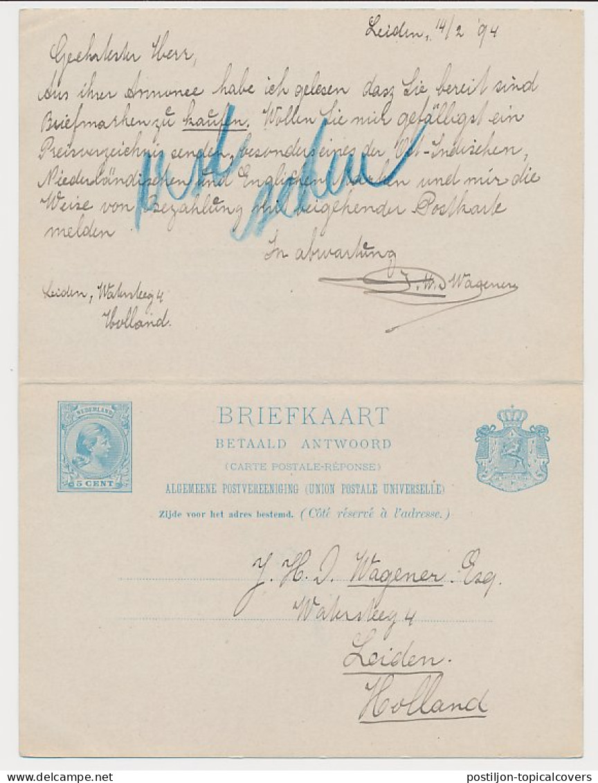 Briefkaart G. 30 Leiden - Hamburg Duitsland 1894 - Postwaardestukken