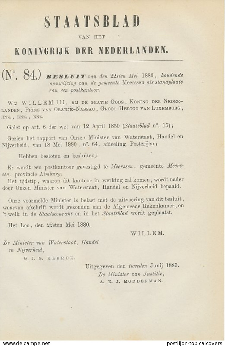 Staatsblad 1880 - Betreffende Postkantoor Meerssen - Briefe U. Dokumente