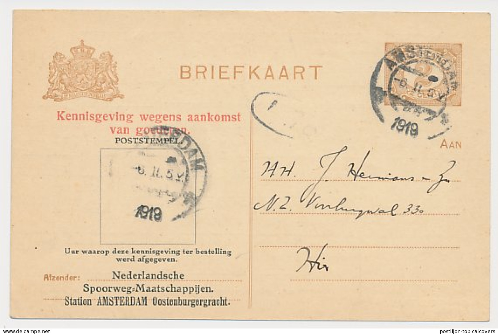 Spoorwegbriefkaart G. NSM88a-I B - Locaal Te Amsterdam 1919 - Postal Stationery